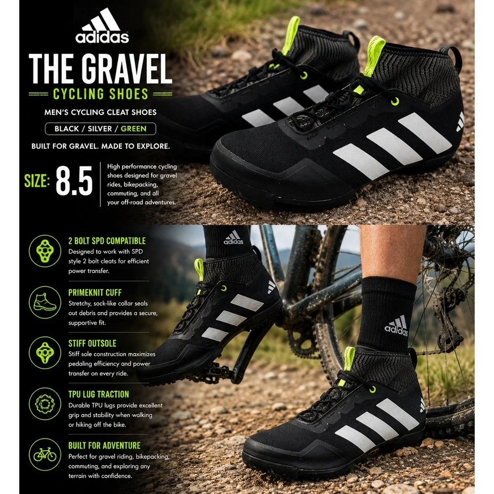 Adidas The Gravel Cycling Shoes Mens 8.5 Black Silver SPD Compatible AHQ9034 MTB